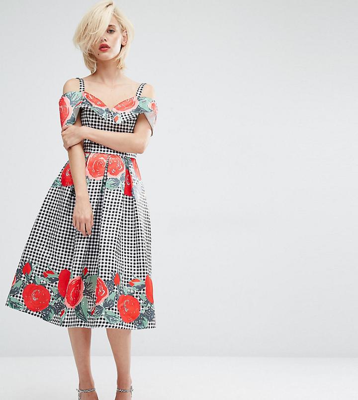 Horrockses Gingham Floral Midi Dress With Off Shoulder Neckline - Multi