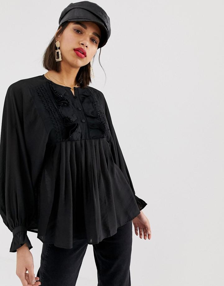 Lost Ink Relaxed Blouse With Ruffle V Neck - Black