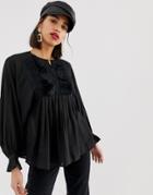 Lost Ink Relaxed Blouse With Ruffle V Neck - Black
