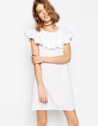 Asos Shift Dress With Frill Neck Detail - White