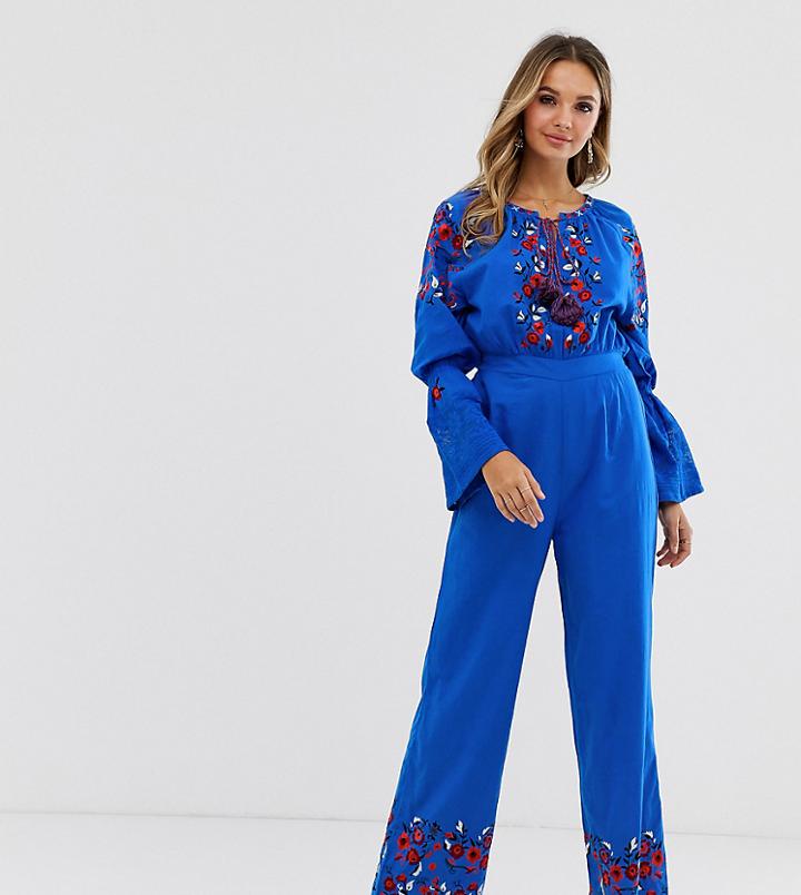Violet Skye Embroidered Jumpsuit In Cobalt-blue