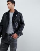 Selected Homme Leather Biker Jacket With Wool Lapel Detail - Black