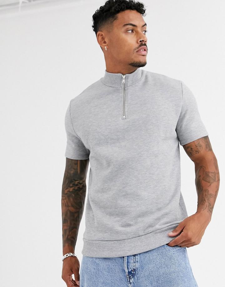 Asos Design Short Sleeve Sweatshirt With Half Zip In Gray Marl