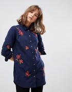 People Tree Longline Shirt With Floral Embroidery And Coconut Buttons-navy