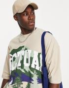 Asos Actual Oversized T-shirt With Graphic Landscape Print And Chest Logo In Neutral