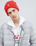Globe Knitted Beanie With Patch Front Detail In Red - Red