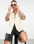 Asos Design Relaxed Shirt With One Button In Recycled Polyester In Beige-neutral