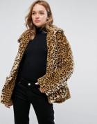 Monki Leopard Faux Fur Jacket - Beige