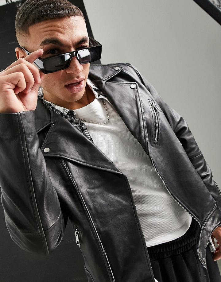 Asos Design Leather Biker Jacket In Gray-grey