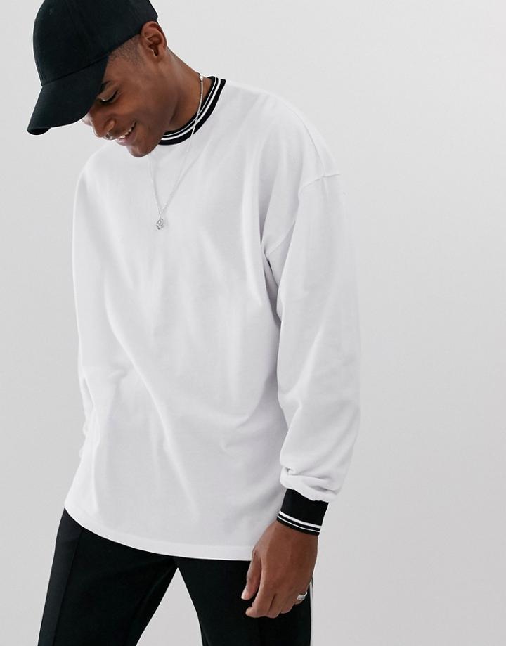 Asos Design Pique Oversized Long Sleeve T-shirt With Tipping In White