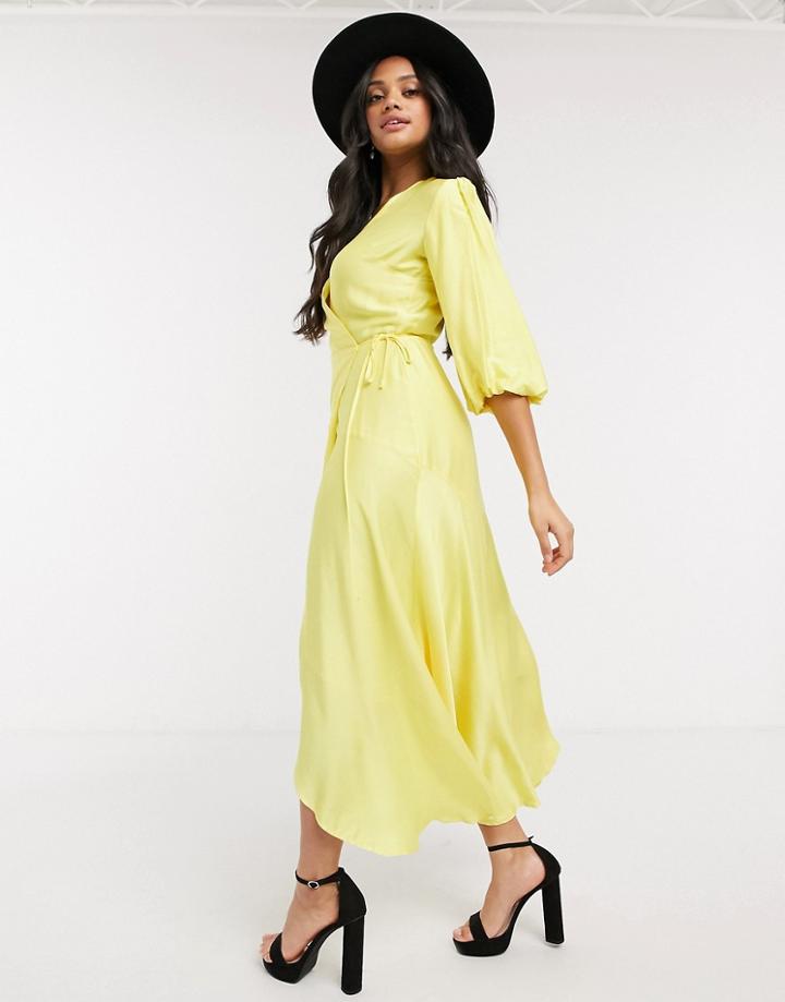 Liquorish Midi Wrap Dress With Balloon Sleeves In Yellow