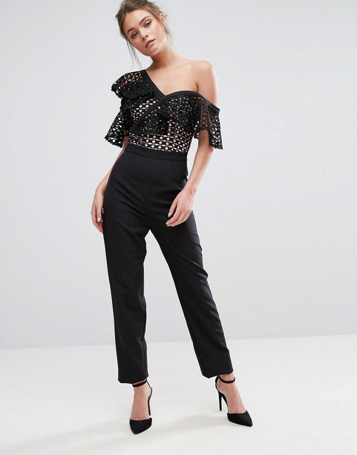 Dark Pink Asymmetric Ruffle Lace Jumpsuit - Black