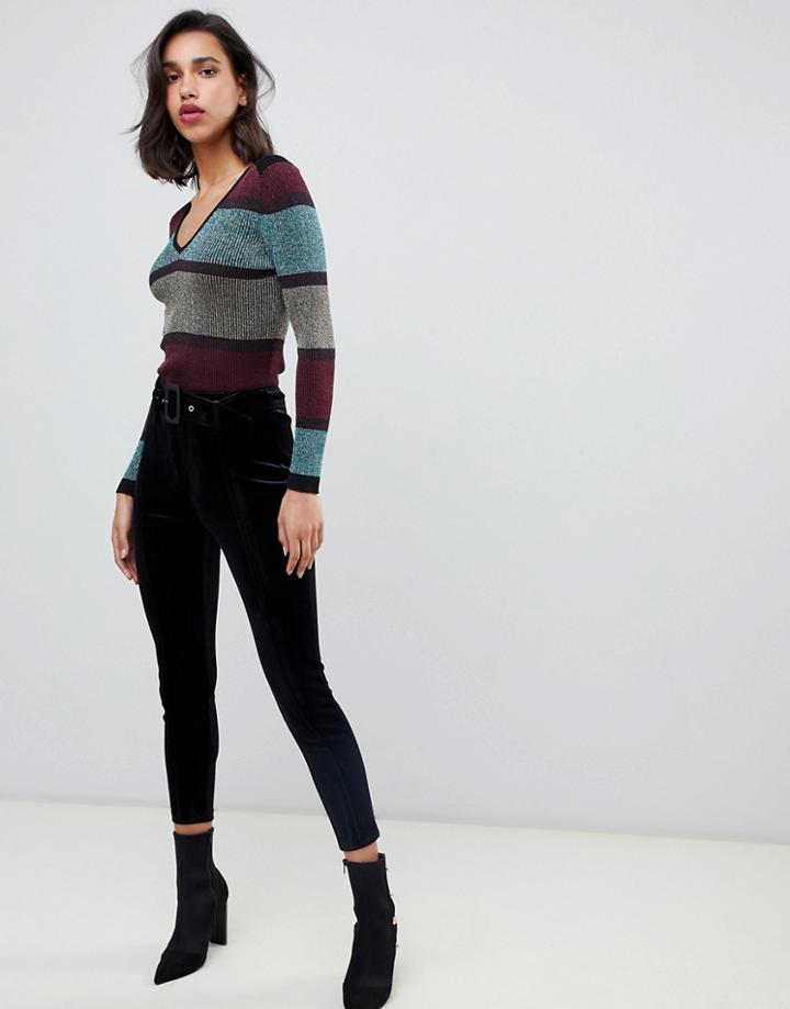 River Island Velvet Leggings With Coated Belt In Black