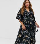 Liquorish Curve Midi Wrap Dress In Floral Print-black