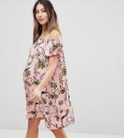Asos Design Maternity Off Shoulder Mini Dress With Puff Sleeves In Floral Print - Multi