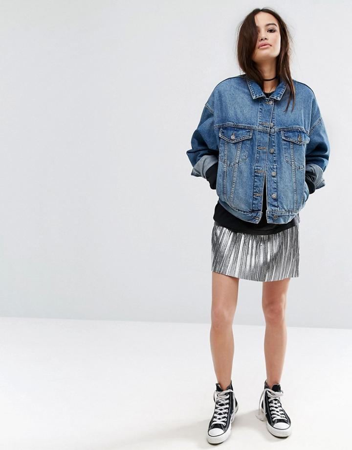 Pull & Bear Metallic Pleated Mini Skirt - Silver