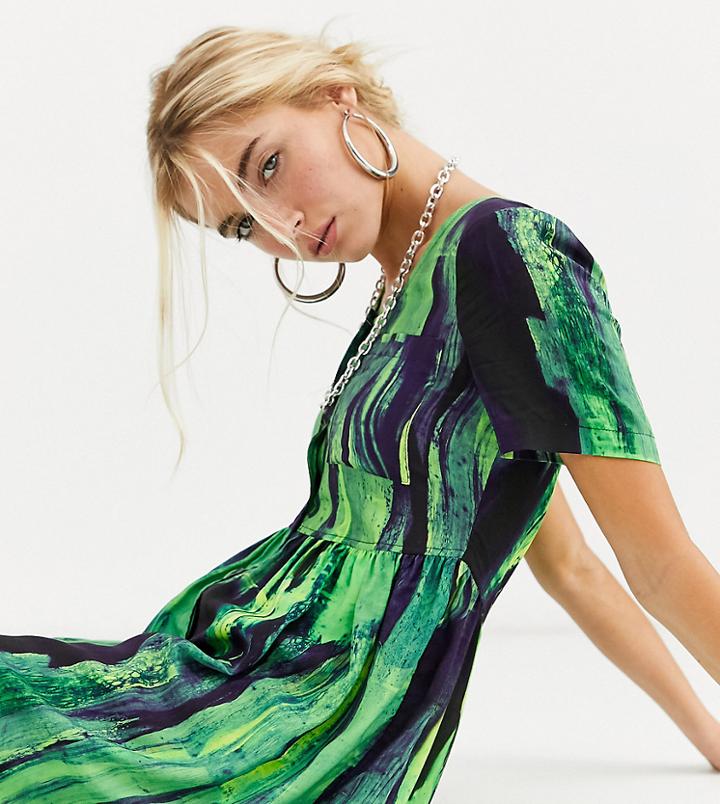 Reclaimed Vintage Inspired Mini Smock Dress In Tie Dye-green