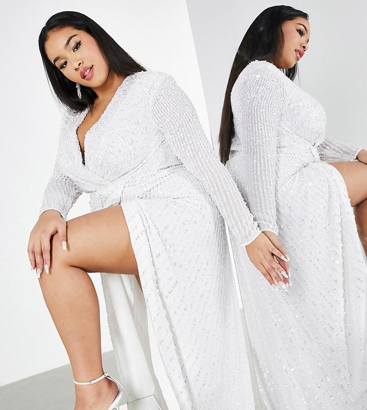 Asos Edition Curve Nola Pleated Plunge Wrap Wedding Dress In Sequin-white