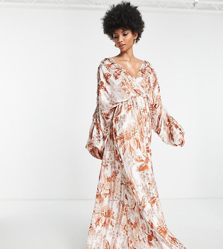 Asos Design Tall Satin Stripe Blouson Maxi Dress With Ring Detail In Floral Print-multi
