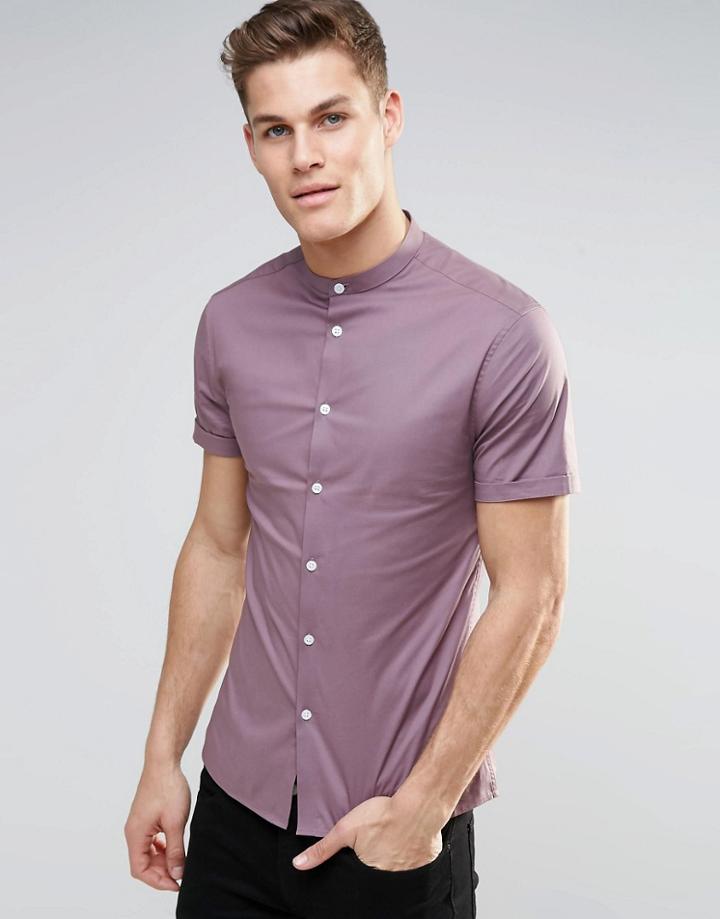 Asos Skinny Shirt In Light Plum With Grandad Collar And Short Sleeves - Light Plum