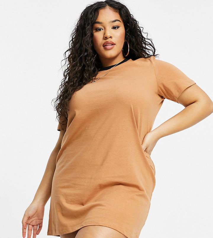 Brave Soul Plus Lennie Contrast Ringer T-shirt Dress In Camel-brown