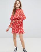 Influence Dress With Ruffle Layers And Flare Sleeve - Red
