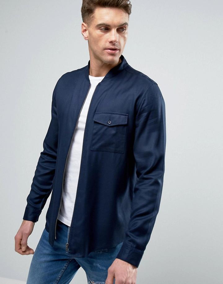 Another Influence Zip Through Bomber Shirt Jacket - Navy