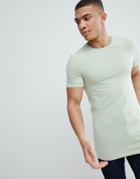 Asos Design Longline Muscle Fit T-shirt With Crew Neck In Green - Green