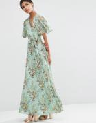 Asos Pleated Maxi Dress In Green Base Floral Dress - Multi