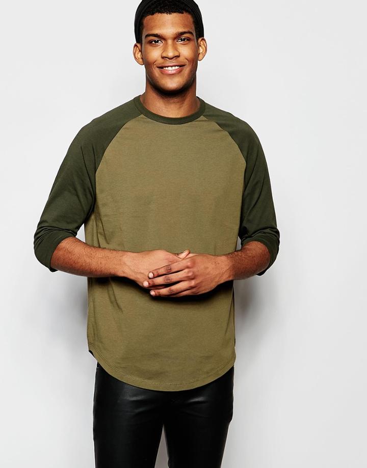 Asos Oversized 3/4 Sleeve T-shirt With Contrast Raglan And Curved Hem In Green - Green