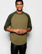Asos Oversized 3/4 Sleeve T-shirt With Contrast Raglan And Curved Hem In Green - Green