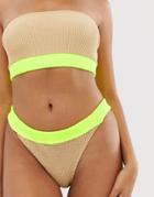 Asos Design Crinkle High Leg Bikini Bottom With Neutral Contrast In Fluro Yellow - Multi
