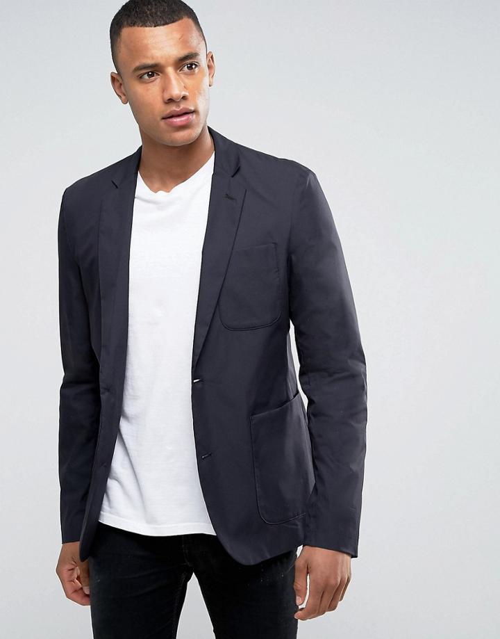 New Look Slim Fit Cotton Mix Blazer In Navy - Navy
