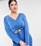 In The Style Plus X Liberty Exclusive Long Sleeve Ruched Front Top In Navy - Part Of A Set