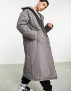 Asos Design Oversized Funnel Neck Puffer Jacket With Quilted Panel In Gray-grey