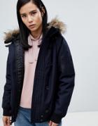Fred Perry Short Parka Jacket With Faux Fur Hood - Navy