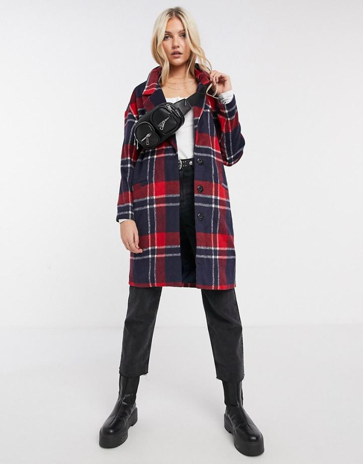 Liquorish Boxy Straight Coat In Red/ Navy Check-multi