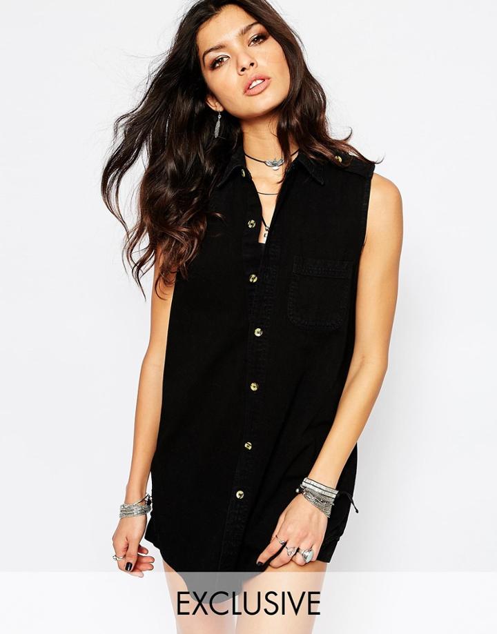 Reclaimed Vintage Button Front Tunic Shirt Tank Dress In Denim With Collar - Black