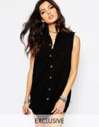Reclaimed Vintage Button Front Tunic Shirt Tank Dress In Denim With Collar - Black