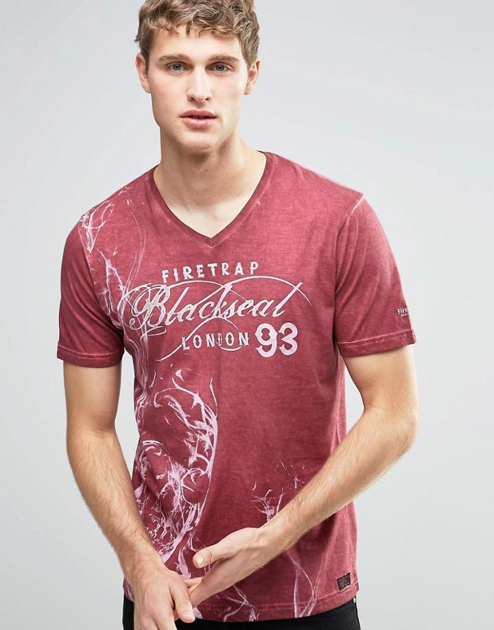 Firetrap Washed Skull Printed V Neck T-shirt - Red