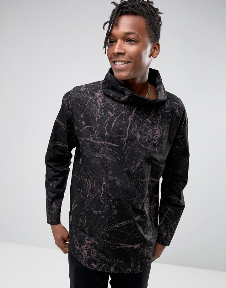 Asos Funnel Neck Overhead Shirt With Cracked Print - Black
