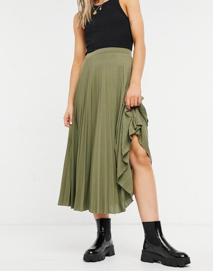 Asos Design Jersey Pleated Midi Skirt In Khaki-green