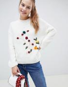 Wild Flower Sweater With 3d Floral Embroidery - Cream