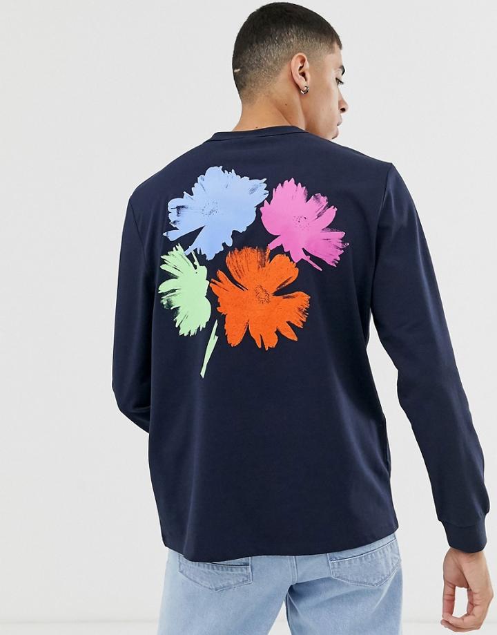 Asos White Loose Fit Heavyweight Long Sleeve T-shirt With Graphic Print - Navy