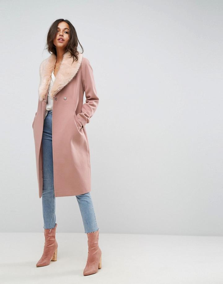 Asos Midi Skater Coat With Luxe Faux Fur Trim - Pink