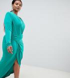 John Zack Plus Plunge Front Wrap Maxi Dress In Green - Green