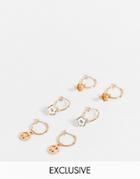 Reclaimed Vintage Inspired Huggie Hoop Earring Pack With 70's Charms In Mixed Metal 3 Pack-multi