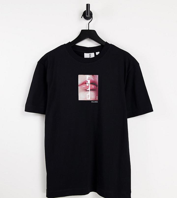 Collusion Unisex Pique T-shirt With Print In Black