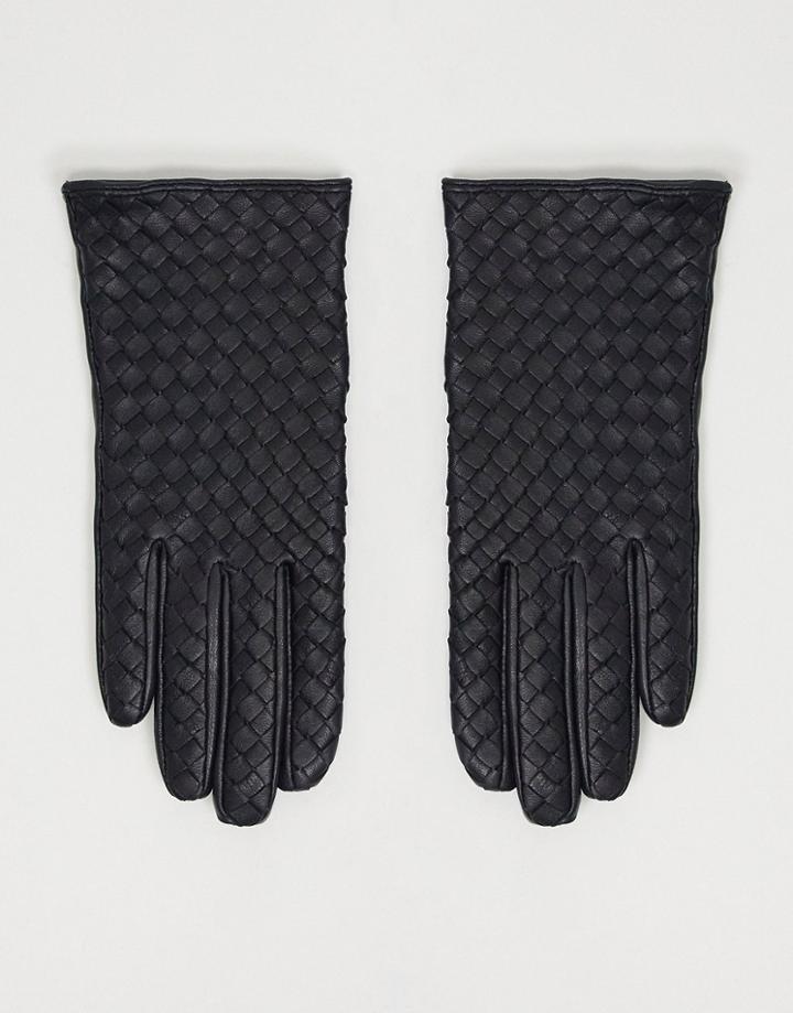 Asos Design Leather Weave Gloves With Touch Screen In Black