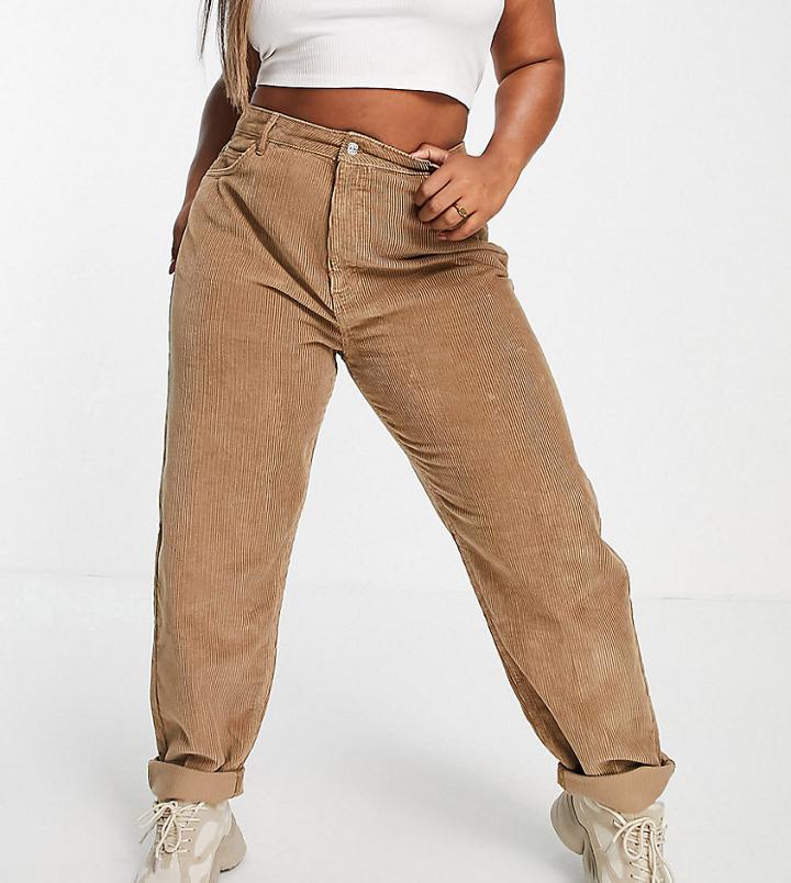 Asos Design Curve High Rise 'slouchy' Mom Jeans In Biscuit Cord-brown